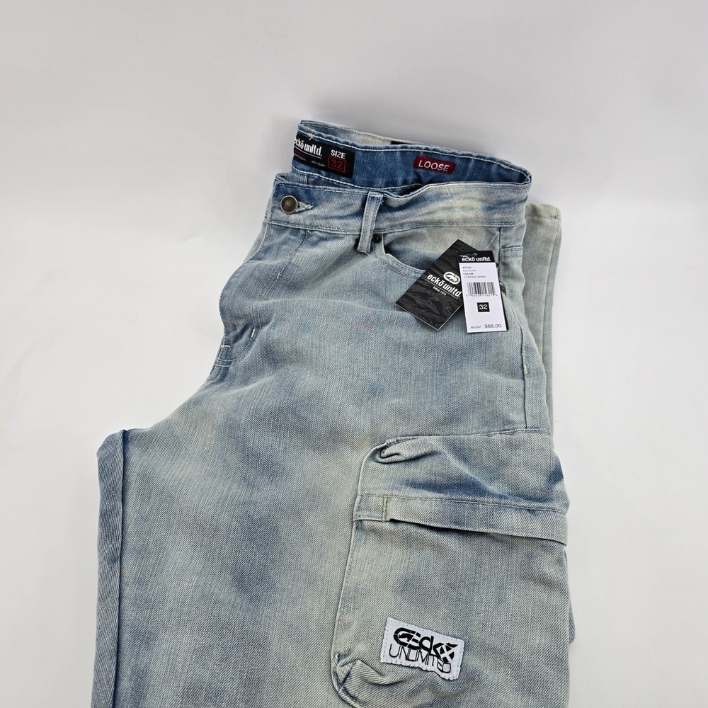 Ecko Unltd Cargo Jeans Mens Loose Fit Light Indigo Wash 32 NWT